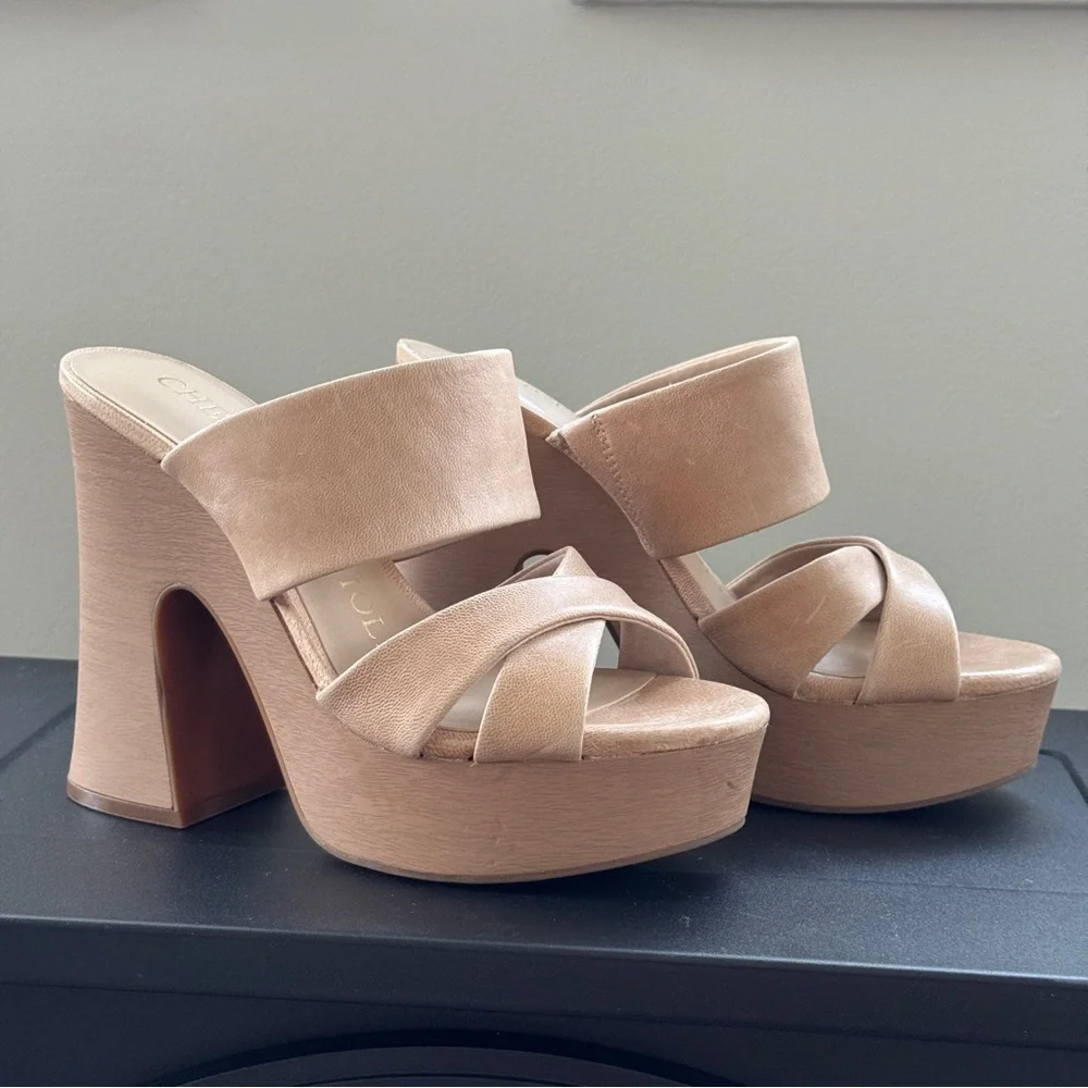 Chelsea and Violet Kapri Women's Leather Tan Platform Heels Sandals 7.5